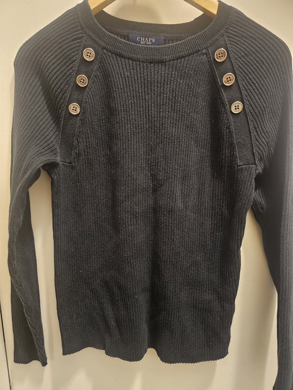 Chaps Black Ribbed Crewneck Sweater with Shoulder Button Detail